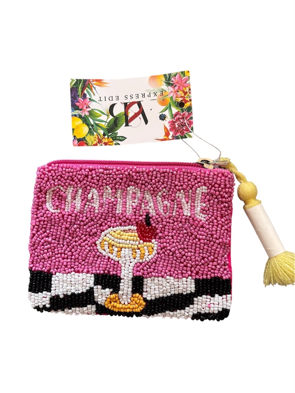 America & Beyond Express Edit  Pink Beaded 'CHAMPAGNE' Coin/Card Pouch